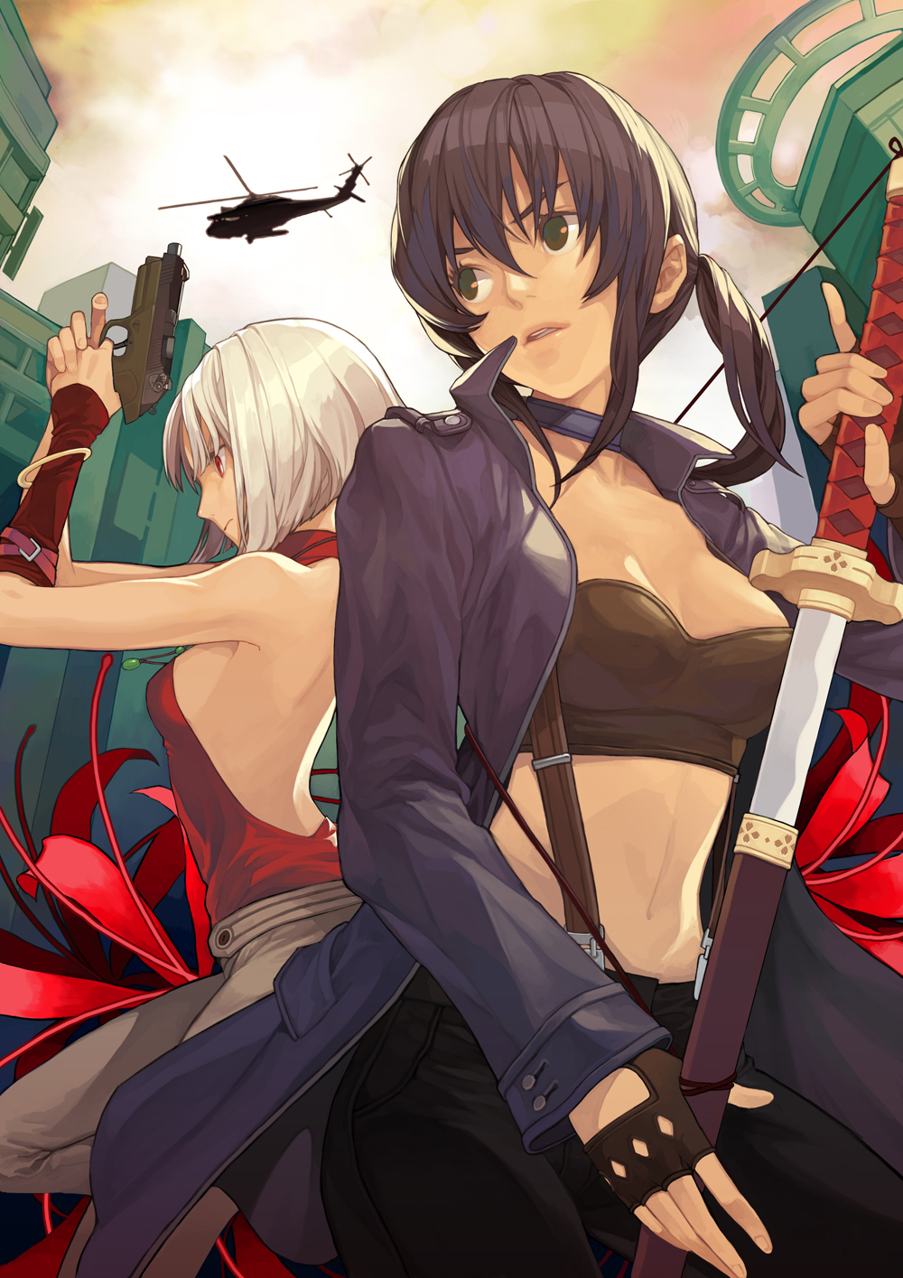2girls 428 428:_fuusa_sareta_shibuya_de aircraft alphard_(canaan) back-to-back bad_id bad_pixiv_id bare_shoulders black_hair breasts brown_eyes bustier canaan_(character) canaan_(series) chunsoft fingerless_gloves gloves gun handgun helicopter highres katana lingerie midriff multiple_girls ponytail red_eyes semi-automatic_pistol serenade_(sinohi) short_hair sideboob suspenders sword uh-60_blackhawk underwear weapon white_hair