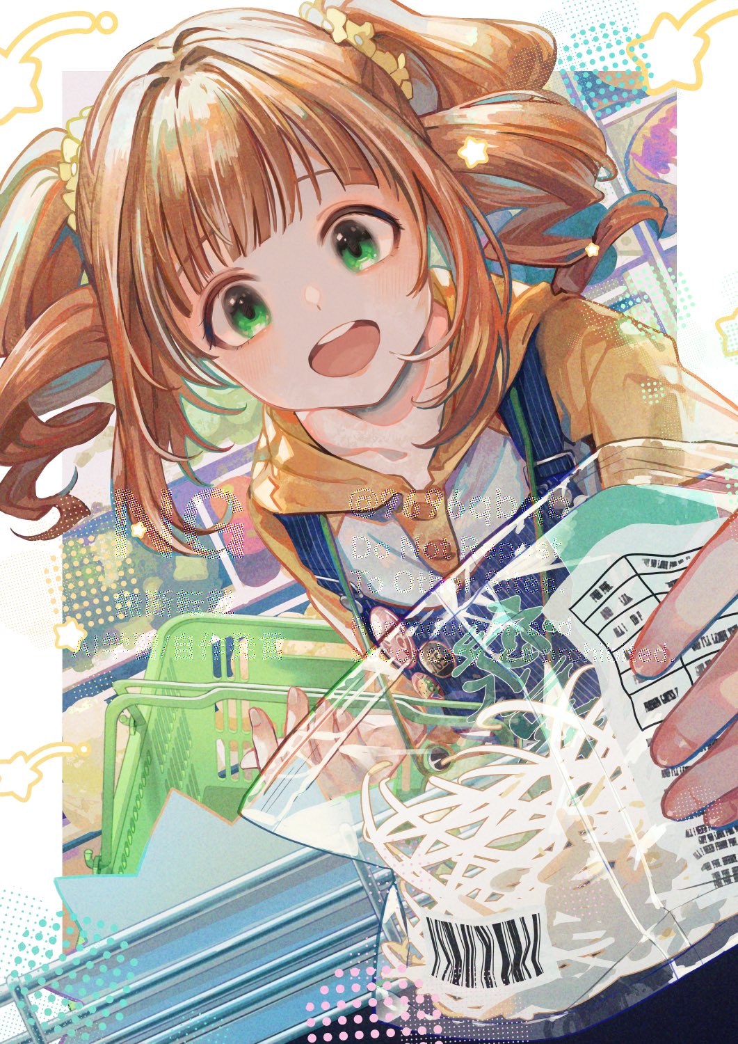 1girl bean_sprout commentary_request green_eyes highres hood hoodie idolmaster idolmaster_(classic) kuroda_kuroko open_mouth orange_hair overall_skirt shopping smile solo takatsuki_yayoi twintails