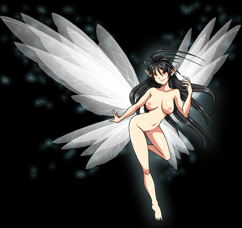 1girl black_hair el-sato fairy felarya long_hair nipples nude pointy_ears red_eyes soinee solo