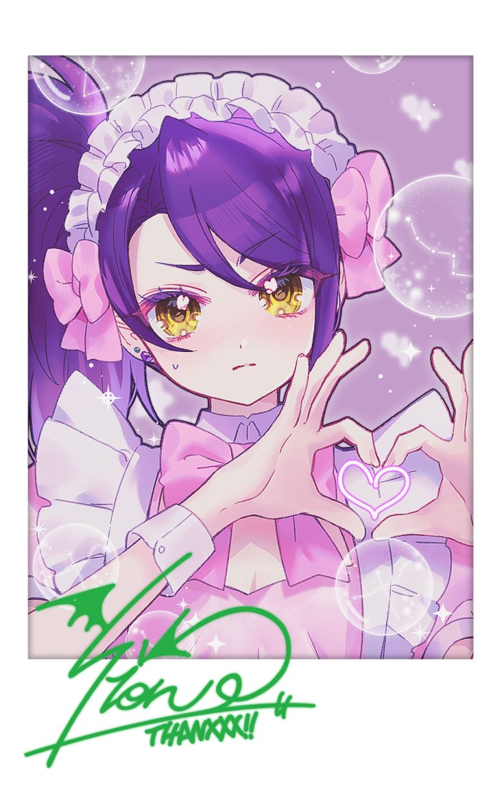 1girl blush border bow character_signature chuu0105 closed_mouth commentary constellation constellation_request cygnus_(constellation) furrowed_brow hair_bow hands_up heart heart_hands long_hair looking_at_viewer maid_headdress orion_(constellation) pink_bow polaroid_photo pretty_series pripara purple_hair side_ponytail soap_bubbles solo sparkle sweatdrop symbol-only_commentary toudou_shion upper_body white_border yellow_eyes