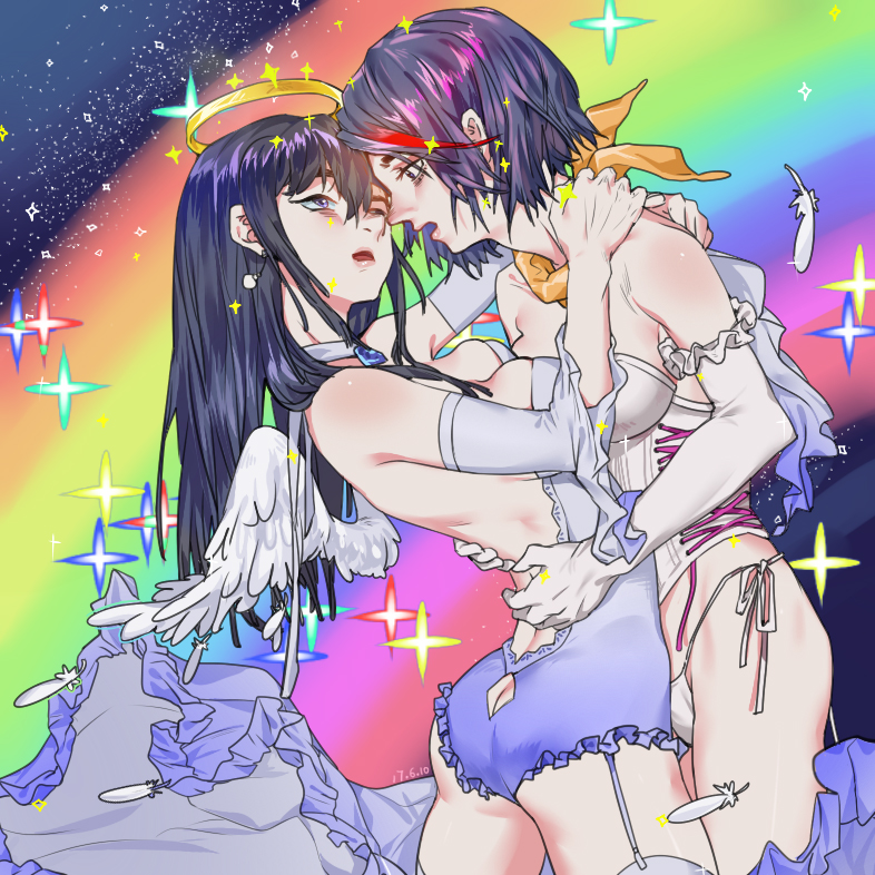 2girls angel_wings breast_press breasts character_request cleavage feathers four-pointed_star halo imminent_kiss incest kill_la_kill kiryuuin_satsuki lingerie matoi_ryuuko multiple_girls nami_(10656670) original rainbow_background siblings underwear wings yuri