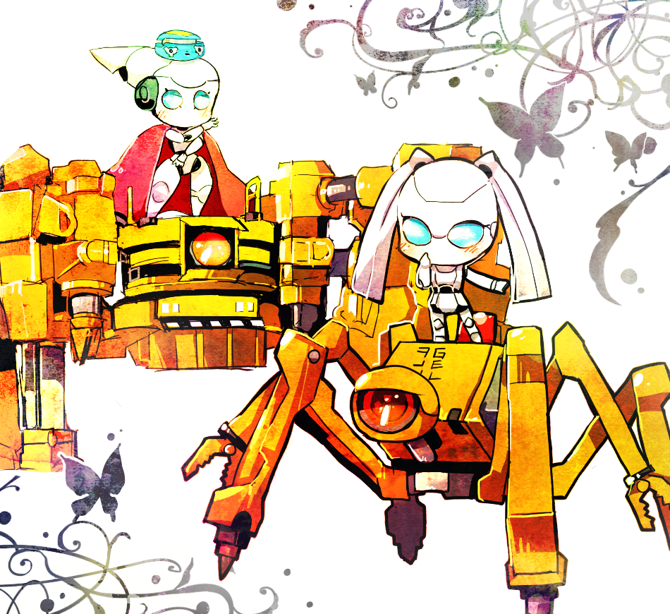 2girls asdge23 blue_eyes blush cape clamps colored_skin drossel_von_flugel dual_persona extra_legs fireball_(series) gedachtnis humanoid_robot joints mechanical_hair multiple_girls no_mouth non-humanoid_robot red_cape robot robot_girl robot_joints twintails white_skin