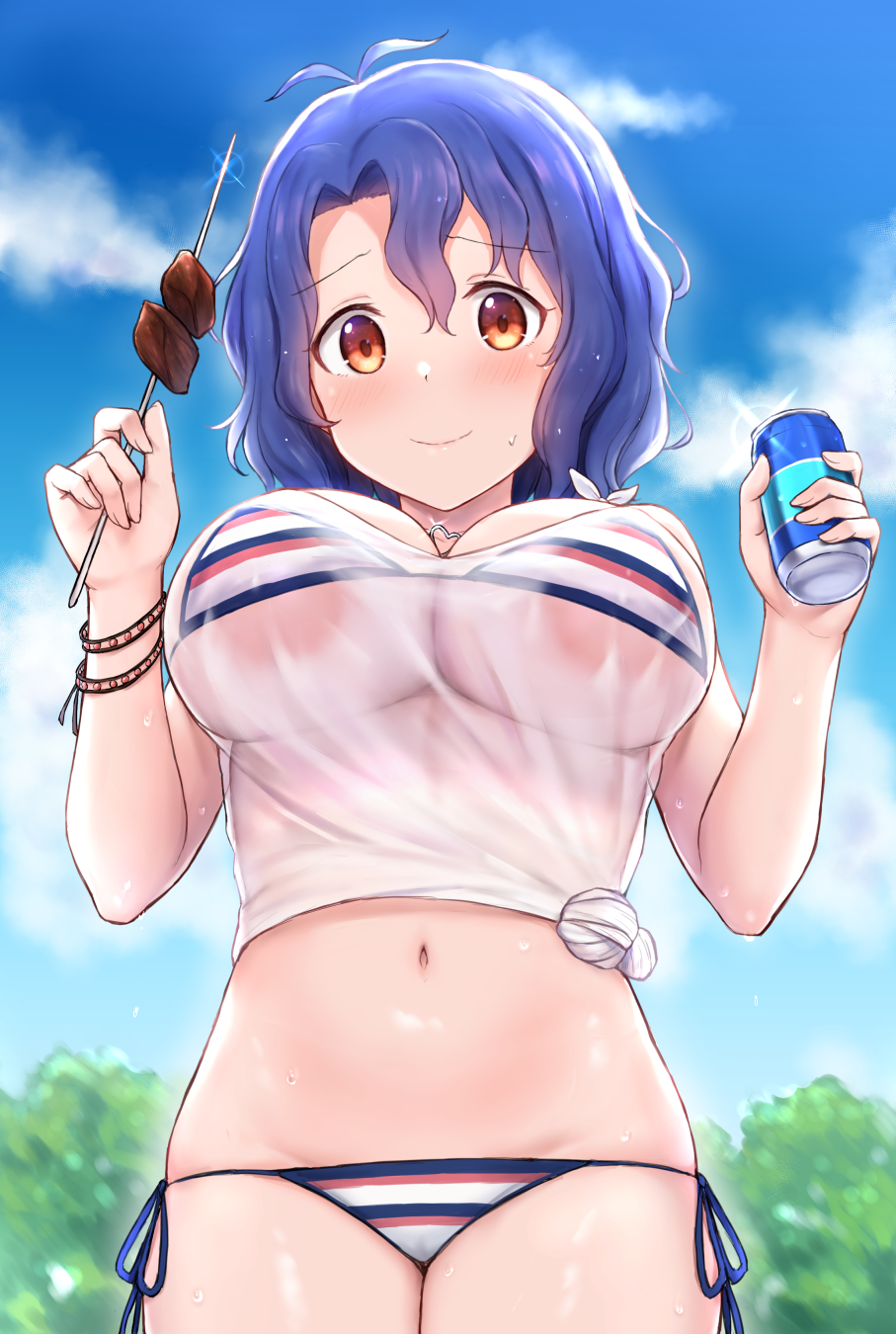 1girl antenna_hair bikini bikini_under_clothes blush breasts brown_eyes cai_geng can commentary_request drink_can food heart heart_o-ring highres idolmaster idolmaster_million_live! jewelry large_breasts long_hair looking_at_viewer meat navel necklace o-ring purple_hair see-through_clothes shirt side-tie_bikini_bottom skewer soda_can solo striped_bikini striped_clothes sweat swimsuit swimsuit_under_clothes tied_shirt toyokawa_fuka wet