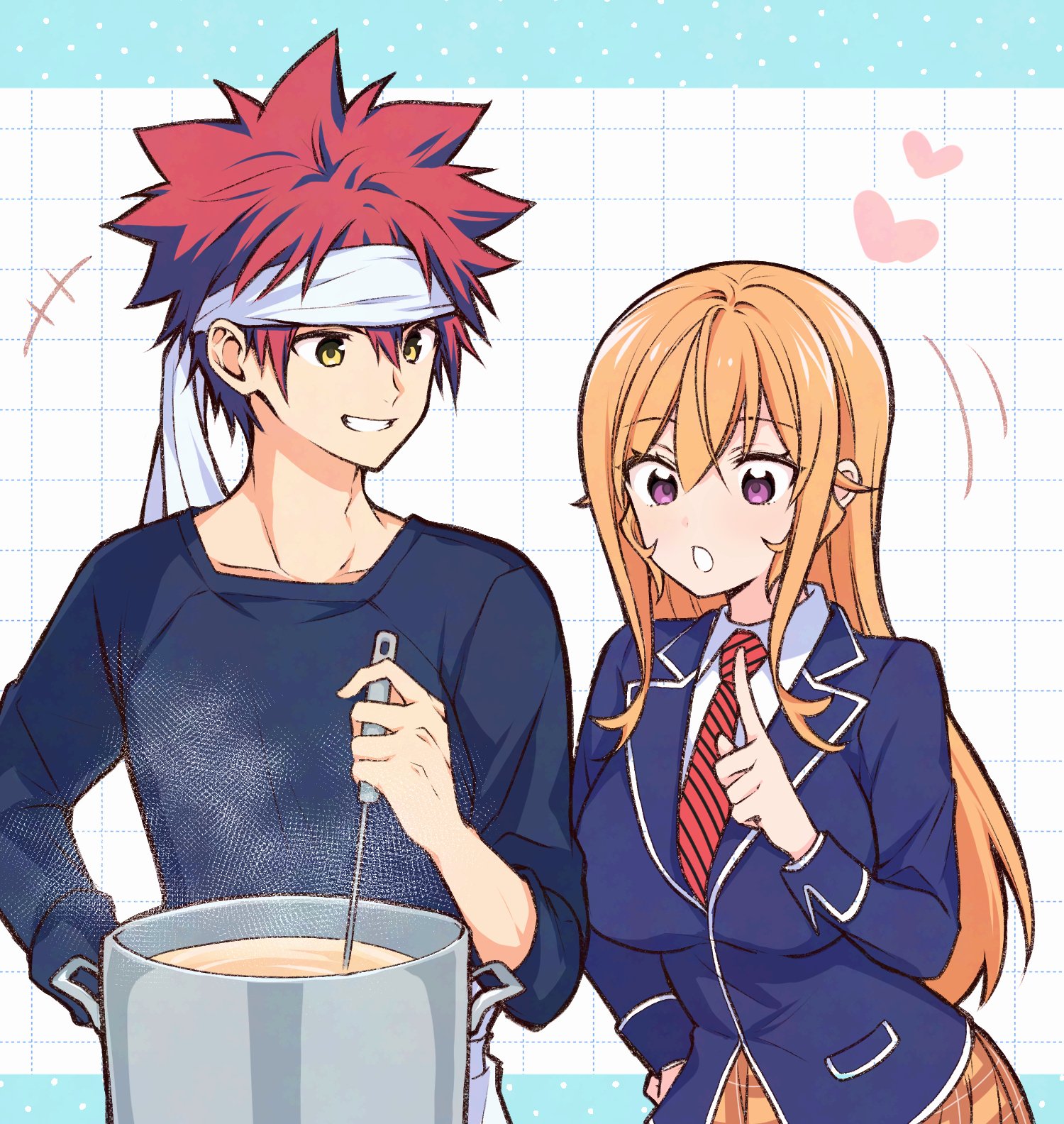 +++ 1boy 1girl black_shirt blonde_hair blue_jacket breasts commentary_request cooking cooking_pot diagonal-striped_clothes diagonal-striped_necktie grid_background grin hair_between_eyes heart highres holding holding_ladle index_finger_raised jacket ladle large_breasts long_hair looking_at_another nakiri_erina necktie open_mouth plaid_clothes plaid_skirt purple_eyes red_hair red_necktie shirt shokugeki_no_souma short_hair skirt sleeves_rolled_up smile spiked_hair striped_clothes tootsuki_saryou_ryouri_gakuen_uniform toy-black upper_body white_shirt yellow_eyes yellow_skirt yukihira_souma