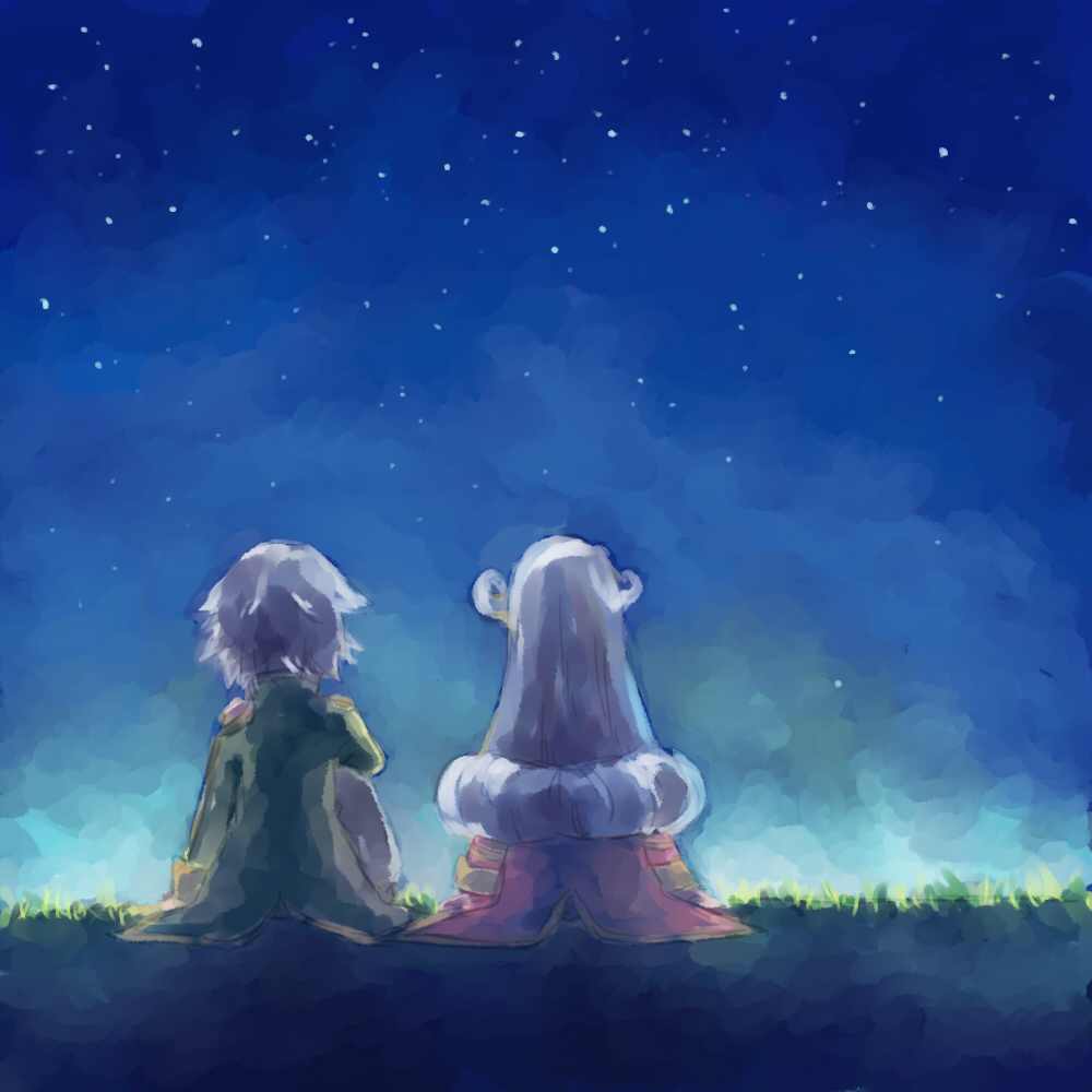 dio_(tales) grass grey_hair jacket long_hair mel_(tales) night pants short_hair sky star_(symbol) tales_of_(series) tales_of_phantasia:_narikiri_dungeon tales_of_phantasia:_narikiri_dungeon_x