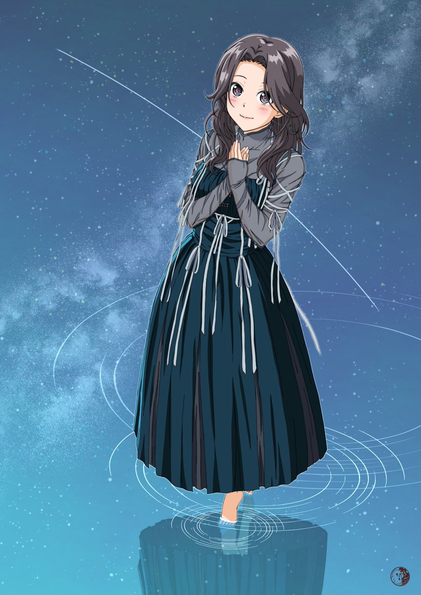1girl 22/7 artist_name ato_de_wakaru_koto barefoot closed_mouth curtained_hair dress full_body green_dress grey_eyes grey_hair hands_on_own_chest long_dress long_hair long_sleeves looking_up milky_way minaduki4989 orihara_sumika pleated_dress reflection reflective_water ribbon ripples see-through_clothes see-through_sleeves shooting_star smile solo standing star_(sky) starry_sky_background wading water wavy_hair white_ribbon