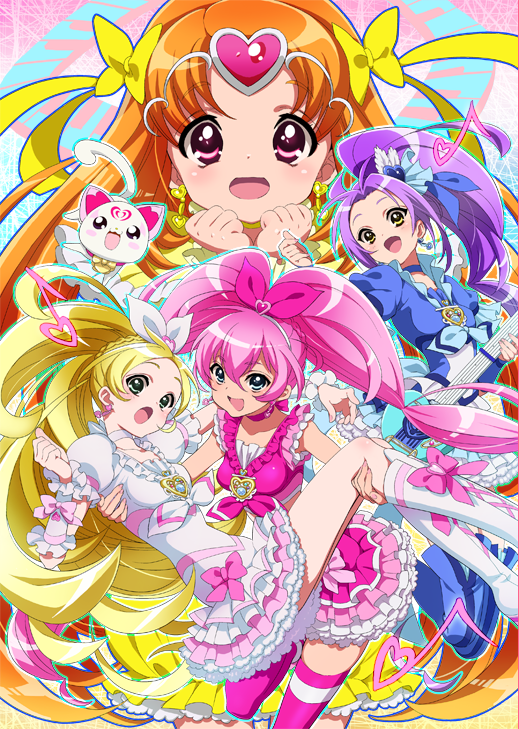 10s 4girls blonde_hair blue_eyes blush boots bow carrying cat choker circlet cure_beat cure_melody cure_muse cure_muse_(yellow) cure_rhythm dress electric_guitar frills green_eyes guitar hair_ornament hair_ribbon heart houjou_hibiki hummy_(suite_precure) instrument jewelry knee_boots kurokawa_eren long_hair magical_girl midriff minamino_kanade multiple_girls musical_note open_mouth orange_hair pink_bow pink_hair pink_legwear precure princess_carry purple_hair quaver red_eyes ribbon seiren_(suite_precure) shirabe_ako side_ponytail skirt smile suite_precure thighhighs twintails white_choker yellow_bow yellow_dress yellow_eyes yellow_skirt zooya