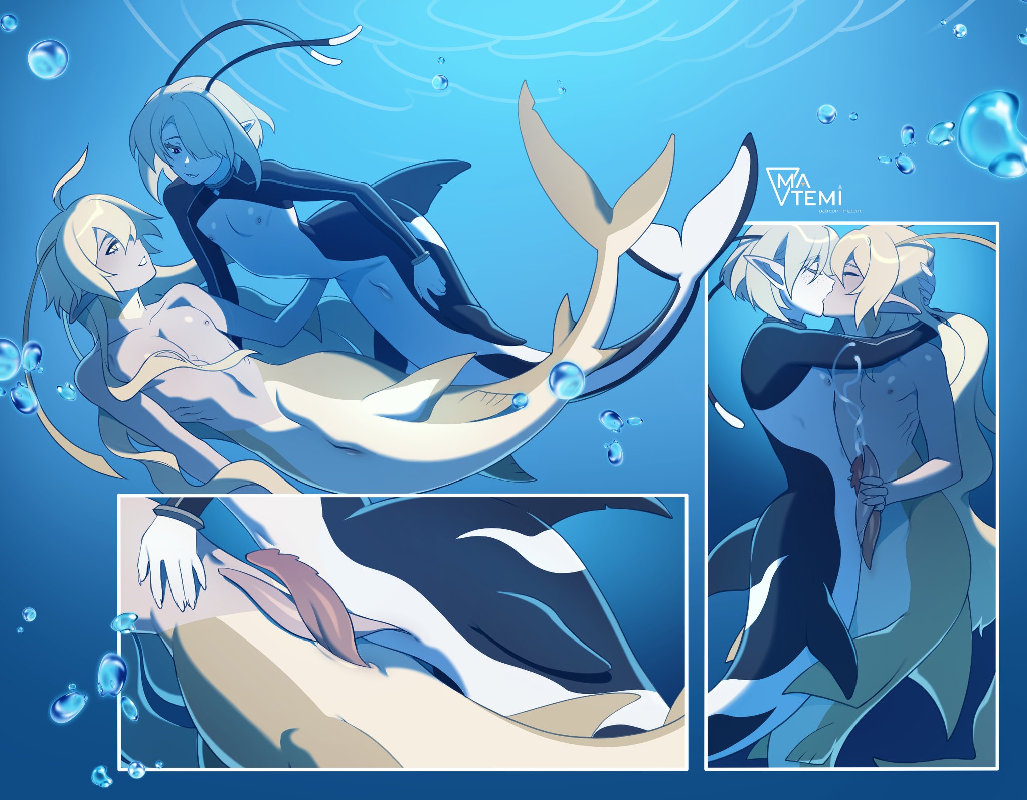 2boys aether_(genshin_impact) air_bubble antennae arms_around_neck artist_name blonde_hair bubble closed_eyes closed_mouth colored_skin commentary couple cum cum_in_water ejaculation english_commentary fins freminet_(genshin_impact) frottage genshin_impact gills hair_behind_ear hair_over_one_eye handjob highres kiss long_hair looking_at_another male_focus matemi merman monster_boy monsterification multiple_boys multiple_views navel nipples one_eye_covered orca_boy pectorals penis pointy_ears shark_boy short_hair spiked_penis underwater yaoi