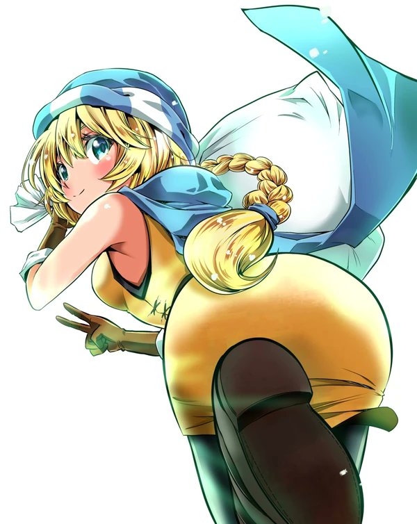 1girl armpit_crease ass blonde_hair blue_eyes breasts brown_gloves dress fire_emblem fire_emblem:_genealogy_of_the_holy_war from_behind gloves hahe hat holding holding_sack looking_at_viewer looking_back nintendo patty_(fire_emblem) sack scarf sleeveless sleeveless_dress small_breasts smile solo v white_background