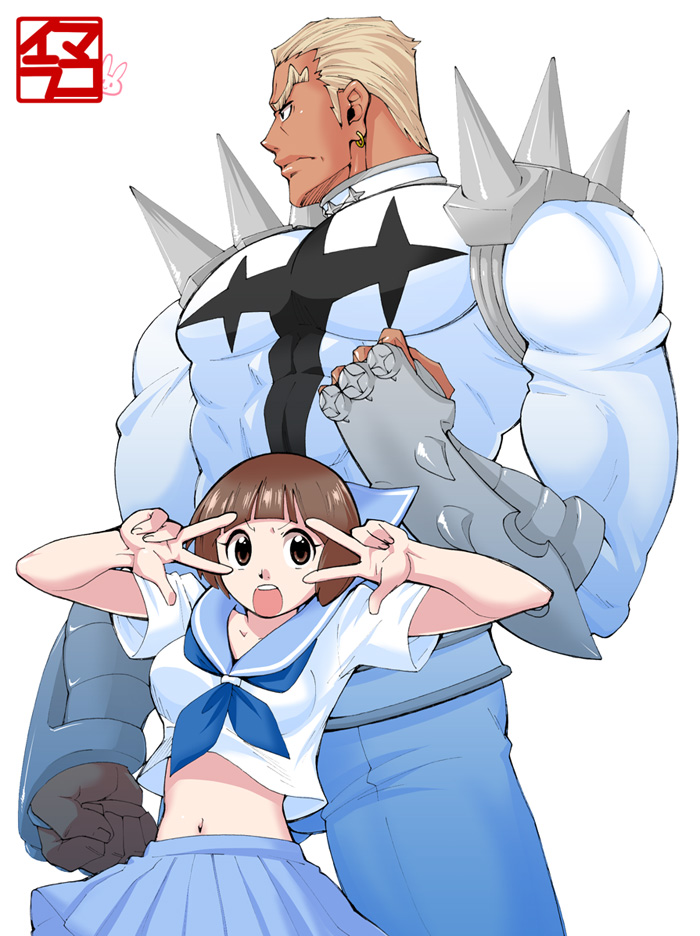10s 1boy 1girl bad_id bad_pixiv_id blonde_hair brown_hair double_v gamagoori_ira kill_la_kill kuroko mankanshoku_mako muscular navel school_uniform serafuku short_hair skirt v v_over_eye