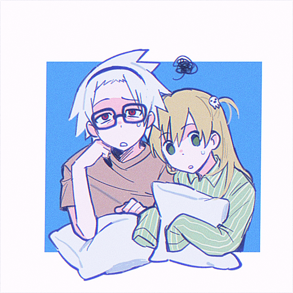 1boy 1girl black-framed_eyewear black_hairband blonde_hair brown_shirt chinese_commentary collared_shirt commentary_request film_grain glasses green_eyes green_shirt hair_ornament hairband holding holding_pillow long_hair maka_albarn open_mouth pillow rice_(somasuki_77) shirt short_hair short_sleeves skull_hair_ornament sleeves_past_fingers sleeves_past_wrists soul_eater soul_evans squiggle striped_clothes striped_shirt sweat t-shirt vertical-striped_clothes vertical-striped_shirt white_hair