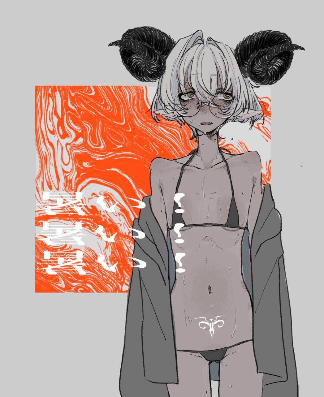 1girl glasses goat_horns highres horns navel sweat sweatdrop tagme ushitaberu