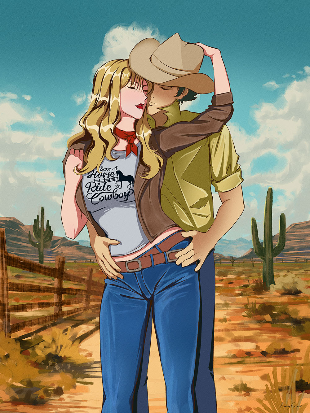 blonde_hair blue_eyes blue_jeans brown_eyes couple cowboy_bebop cowboy_hat curly_hair green_hair hat highres julia_(cowboy_bebop) lucyguusi spike_spiegel