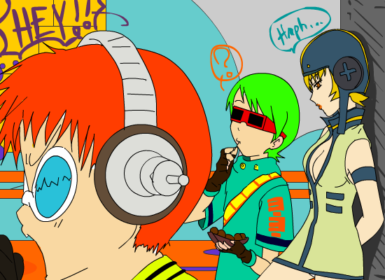1girl 2boys beat_(jsr) breasts flat_color glasses green_hair gum_(jsr) jet_set_radio multiple_boys neon red-framed_eyewear red_hair sega yoyo_(jsr)