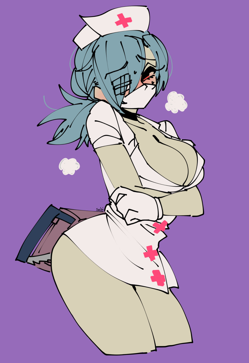 1girl bandage_over_one_eye blue_hair blush bonesaw breath choker cowboy_shot crossed_arms eyepatch gloves hat highres looking_at_viewer looking_to_the_side mask mouth_mask nurse_cap ponytail pouch purple_background red_eyes sabi saw skullgirls solo surgical_mask valentine_(skullgirls)