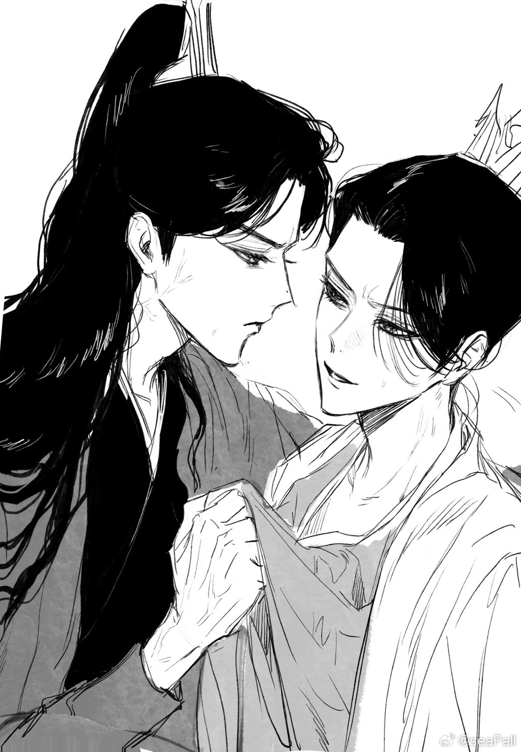 2boys black_hair character_request chinese_clothes chinese_commentary clothes_grab collarbone commentary_request copyright_request eye_contact eyelashes furrowed_brow greyscale hair_ornament hanfu high_ponytail highres long_hair long_sleeves looking_at_another male_focus monochrome motion_lines multiple_boys parted_lips ponytail robe seapall shirt_grab simple_background smirk thick_eyebrows upper_body very_long_hair watermark weibo_watermark white_background