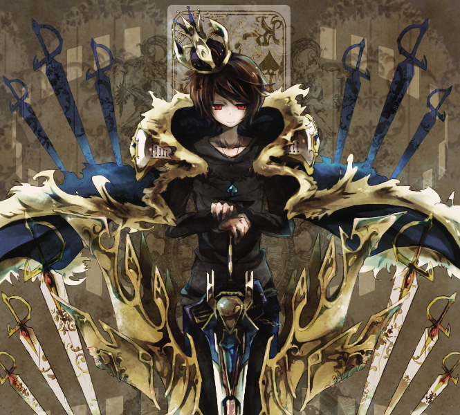 1boy brown_hair cape card crown ebony_nightmare hat jewelry kamen_rider kamen_rider_blade_(series) kenzaki_kazuma male_focus necklace pendant red_eyes solo sword weapon