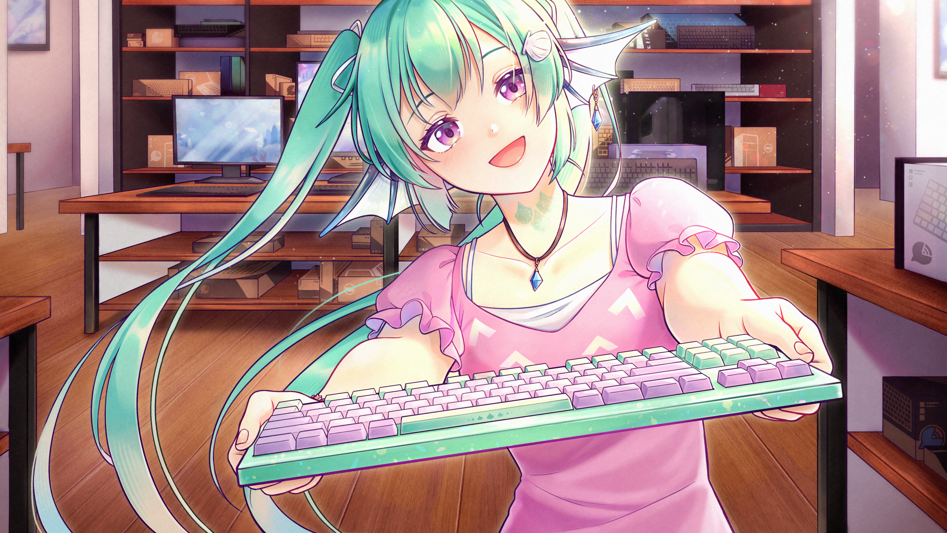 1girl :d a.cat absurdres aqua_hair casual collarbone commentary computer_keyboard earrings english_commentary finana_ryugu fins game_cg head_fins head_tilt highres holding_computer_keyboard jewelry lazulight light_blush looking_at_viewer necklace nijisanji nijisanji_en open_mouth pink_shirt purple_eyes scales shell_hair_ornament shirt single_earring smile solo twintails virtual_youtuber