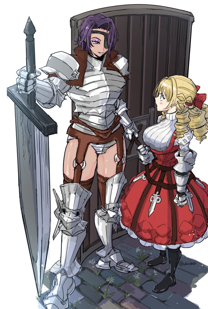 2girls amalia_(unicorn_overlord) armored_leotard blonde_hair dress drill_hair eyepatch gauntlets holding holding_shield huge_weapon leotard light_blush looking_at_another multiple_girls o-ring_garter_belt scarlett_(unicorn_overlord) shield smile sweater_under_dress sword tall_female tower_shield uhana unicorn_overlord weapon