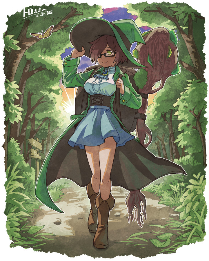 1girl aizawa_sachi arm_up backpack bag black-framed_eyewear blue_skirt boots borrowed_character breasts brown_boots brown_hair closed_mouth commission day forest full_body glasses green_eyes hair_over_one_eye knee_boots large_breasts long_sleeves nature original outdoors rectangular_eyewear semi-rimless_eyewear short_hair skeb_commission skirt smile solo under-rim_eyewear