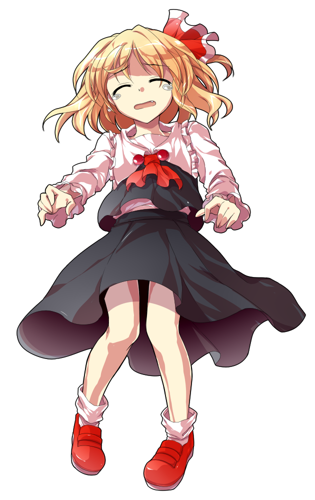 1girl alphes_(style) ascot black_dress black_vest blonde_hair blouse closed_eyes collar collared_shirt commentary_request crying dairi dress fang frilled_collar frilled_sleeves frills full_body hair_ribbon large_variant_set long_sleeves mary_janes open_mouth parody red_ascot red_ribbon red_shoes ribbon rumia sad shirt shoes socks solo style_parody tachi-e touhou transparent_background two-tone_ribbon variant_set vest white_ribbon white_sleeves white_socks white_trim