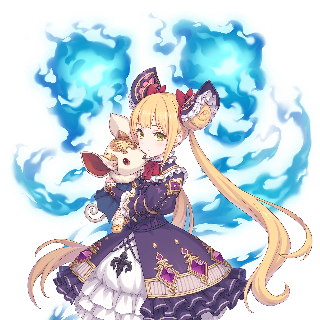 animal blonde_hair blue_fire dress european_clothes fire green_eyes highres holding holding_animal long_hair looking_at_viewer luna_(shadowverse) magic official_art pet princess_connect! shadowverse tachi-e transparent_background twintails