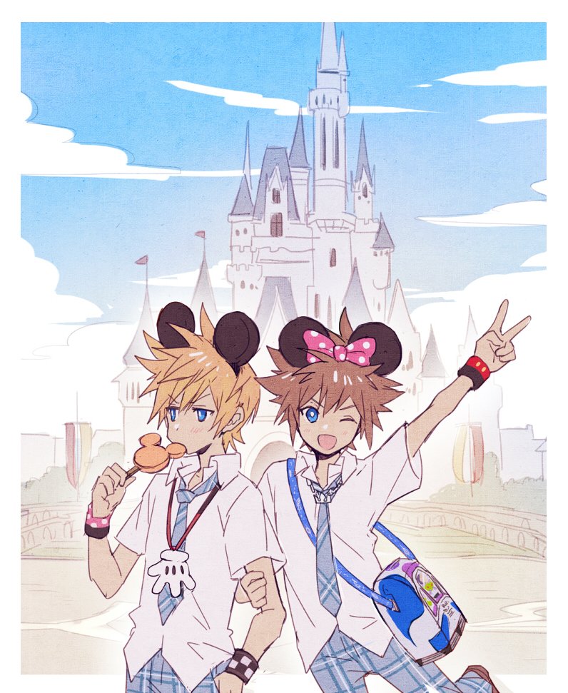 2boys arm_up bag blonde_hair blue_eyes blue_necktie blue_pants blue_sky bridge bright_pupils brown_hair castle chain chain_necklace checkered_clothes cloud cloudy_sky collared_shirt commentary day disneyland flag food food_in_mouth hand_up holding holding_food jewelry kingdom_hearts kingdom_hearts_ii looking_at_viewer male_focus mickey_mouse_ears multiple_boys necklace necktie one_eye_closed open_mouth outdoors pants pendant plaid_clothes plaid_necktie plaid_pants roxas school_uniform shirt short_hair short_sleeves sky smile sora_(kingdom_hearts) spiked_hair symbol-only_commentary upper_body v white_shirt wing_collar wristband yurichi_(artist)