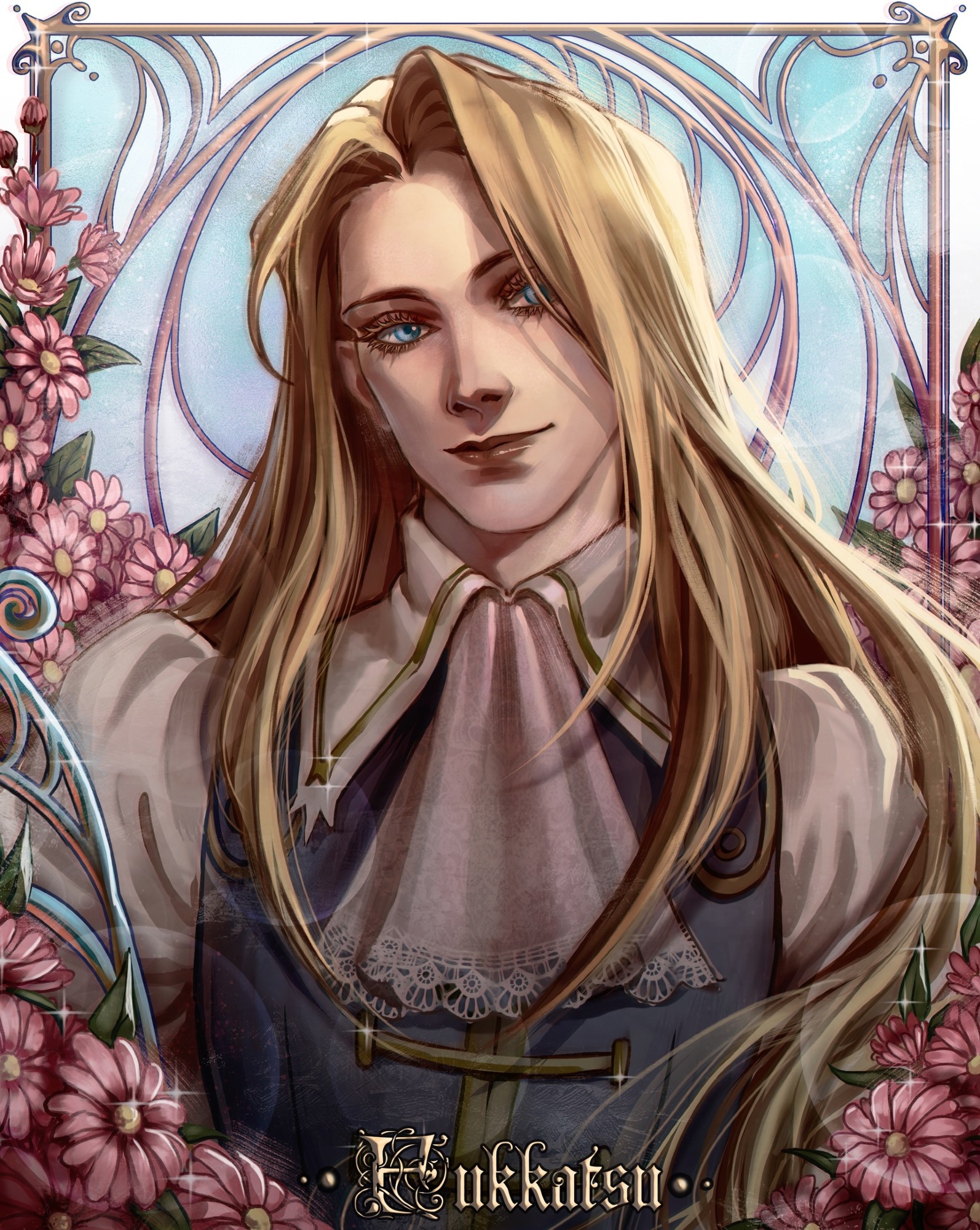 1boy allen_schezar art_nouveau artist_name ascot bishounen blonde_hair blue_eyes blue_sky blue_vest border commentary daisy_(flower) eyelashes facing_viewer flower frosted_glass fukkatsu hair_over_one_eye highres lace_trim long_hair looking_at_viewer male_focus outside_border pink_ascot pink_flower puffy_sleeves shirt sky solo sparkle straight_hair tenkuu_no_escaflowne upper_body vest white_border white_shirt window