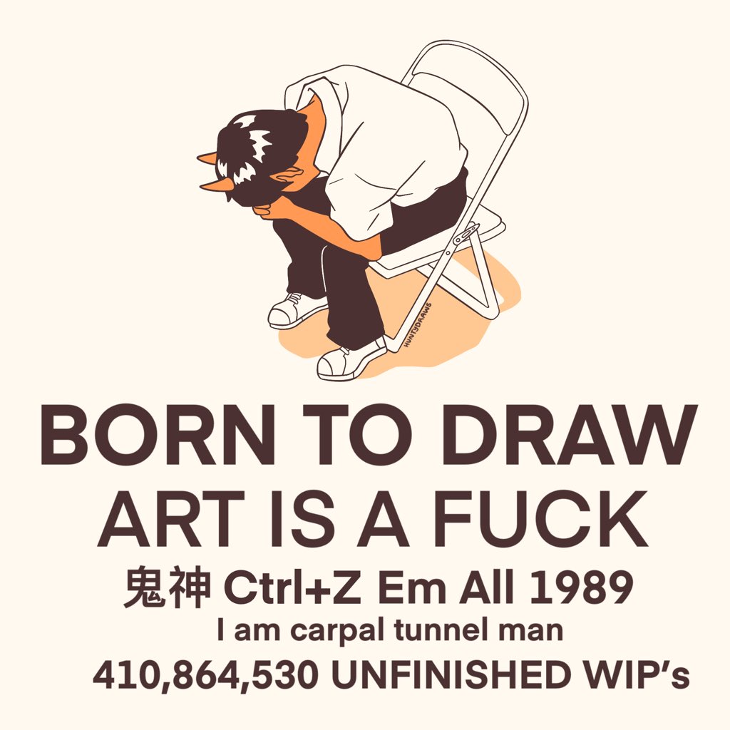 1boy artist_name black_hair black_pants born_to_die_world_is_a_fuck_(meme) chair colored_skin english_text folding_chair head_down horns huntydraws ikari_shinji meme neon_genesis_evangelion orange_skin pants parody scene_reference school_uniform shadow shinji_in_a_chair_(meme) shirt shoes short_hair short_sleeves sitting solo tokyo-3_middle_school_uniform white_shirt white_shoes