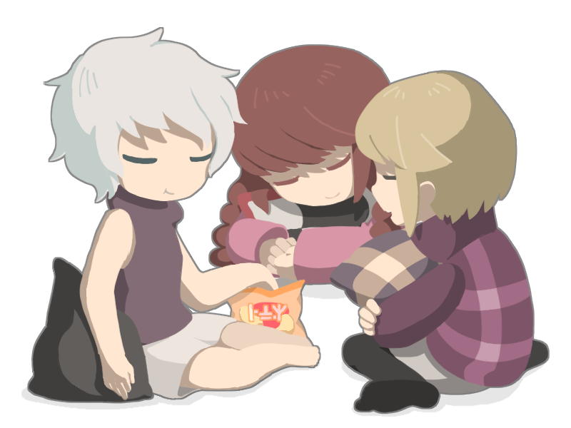 .flow 3girls black_pantyhose blonde_hair braid brown_hair chips_(food) closed_eyes closed_mouth commentary_request eating food grey_hair madotsuki multiple_girls open_mouth pantyhose purple_sweater regurusu_(nagarevosi) sabitsuki short_hair sidelocks sitting skirt sleeveless sleeveless_sweater smile sweater twin_braids urotsuki wariza yume_2kki yume_nikki