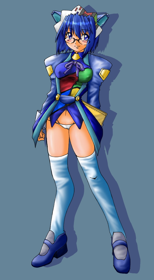 1girl 2k-tan blue_background blue_eyes blue_hair blush breasts covered_erect_nipples exif_thumbnail_surprise female_focus glasses legs looking_at_viewer maid_headdress matching_hair/eyes medium_breasts no_pants os-tan panties ribbon shadow shoes short_hair simple_background solo standing thighhighs underwear white_panties