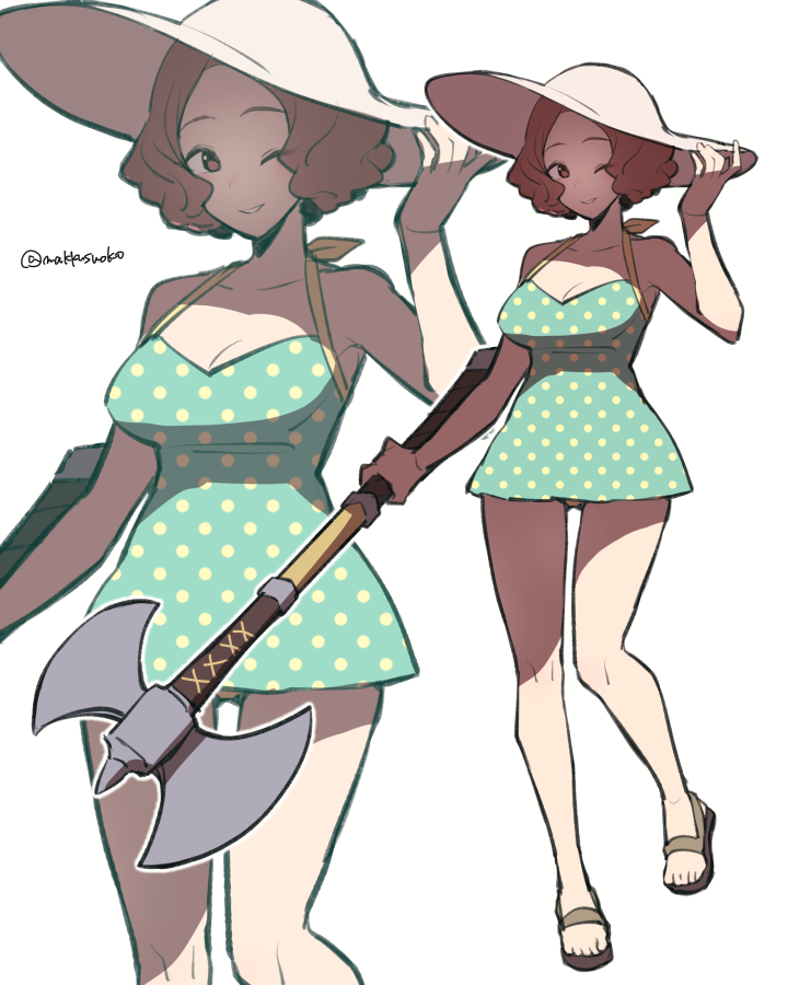 1girl ;) axe breasts brown_eyes brown_hair do_m_kaeru dress hat holding holding_axe large_breasts looking_at_viewer okumura_haru one_eye_closed persona persona_5 sandals short_dress short_hair sleeveless sleeveless_dress smile solo sun_hat twitter_username white_background zoom_layer