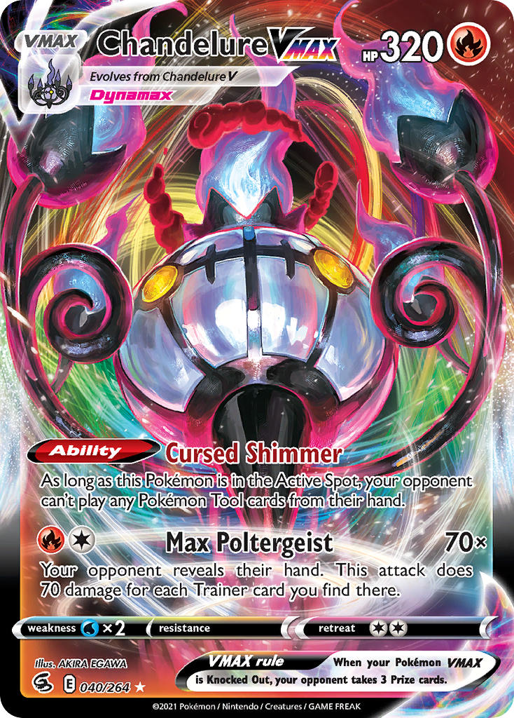 artist_name card_(medium) chandelure character_name company_name copyright_name copyright_notice dynamax egawa_akira english_text fire gen_5_pokemon nintendo no_humans official_art pokemon pokemon_(creature) pokemon_card pokemon_focus pokemon_tcg purple_fire red_clouds solo third-party_source trading_card yellow_eyes