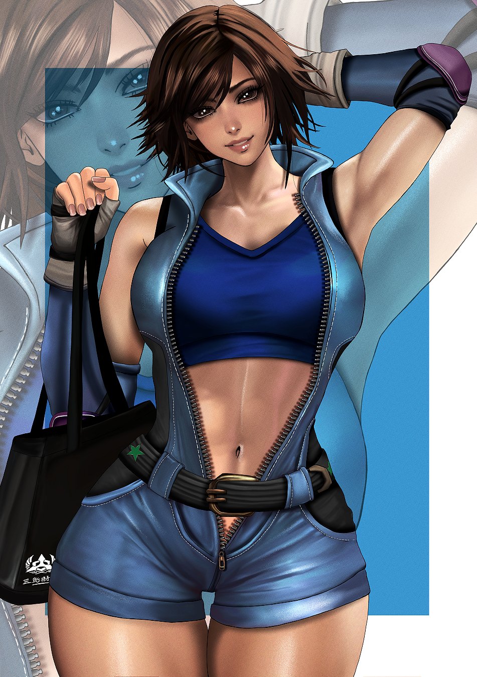 1girl arm_behind_head bag belt breasts brown_eyes brown_hair collarbone elbow_gloves emblem fingerless_gloves fingernails gloves head_tilt highres holding holding_bag jumpsuit kazama_asuka kittymiya large_breasts looking_at_viewer mishima_zaibatsu navel open_clothes parted_lips short_hair smile sports_bra stomach tekken tekken_5 tekken_8 thigh_gap thighs tomboy tote_bag unzipped zipper
