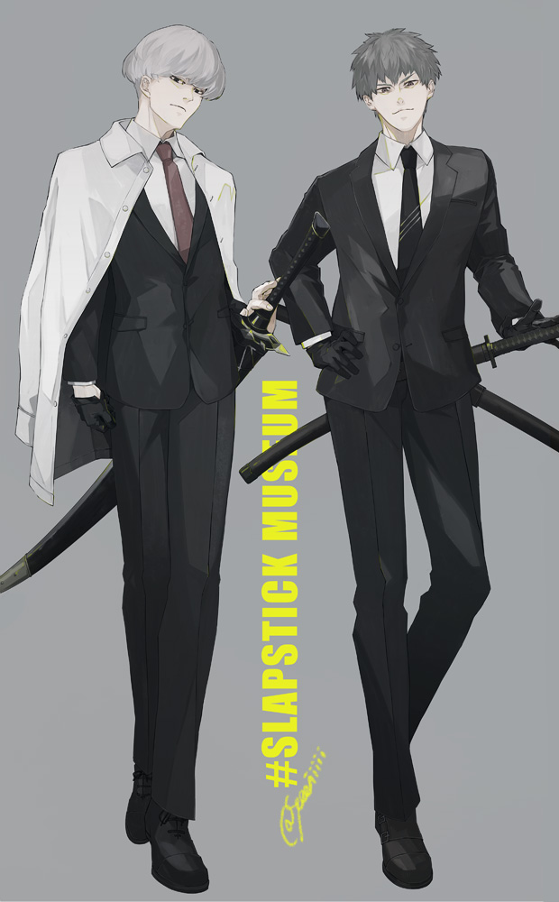 2boys black_gloves black_necktie black_pants collared_shirt fate/grand_order fate_(series) formal_clothes full_body gloves grey_background grey_hair grey_jacket jacket jacket_on_shoulders male_focus multiple_boys necktie pants saitou_hajime_(fate) sei_8220 shirt short_hair simple_background suit sword watanabe_no_tsuna_(fate) weapon