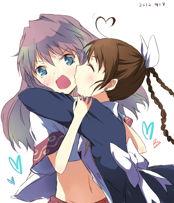 00s 2girls arika_yumemiya blue_eyes blush bow braid brown_hair kissing_cheek female_focus flustered hair_bow heart kiss long_hair maromi_(am97) mashiro_blan_de_windbloom meister_otome_uniform multiple_girls my-hime my-otome navel purple_hair sunrise_(company) yuri