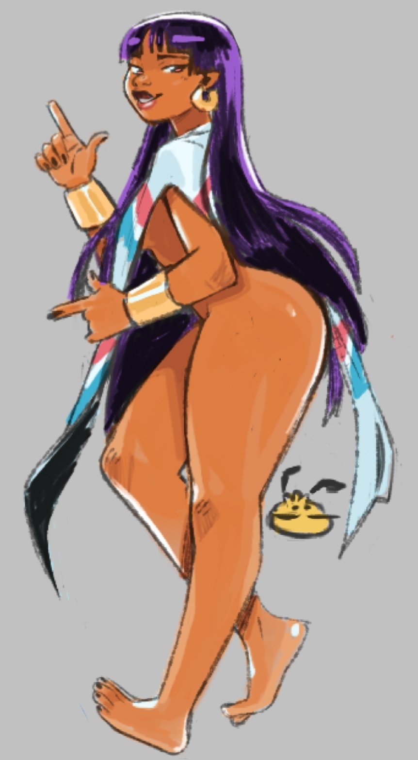 1girl artist_logo black_hair black_nails blunt_bangs bracelet chel_(el_dorado) commentary dark-skinned_female dark_skin double_finger_gun earrings english_commentary eymbee finger_gun from_side full_body gold_bracelet gold_earrings grey_background highres hoop_earrings jewelry logo long_hair looking_at_viewer naked_poncho poncho solo the_road_to_el_dorado thick_thighs thighs very_long_hair