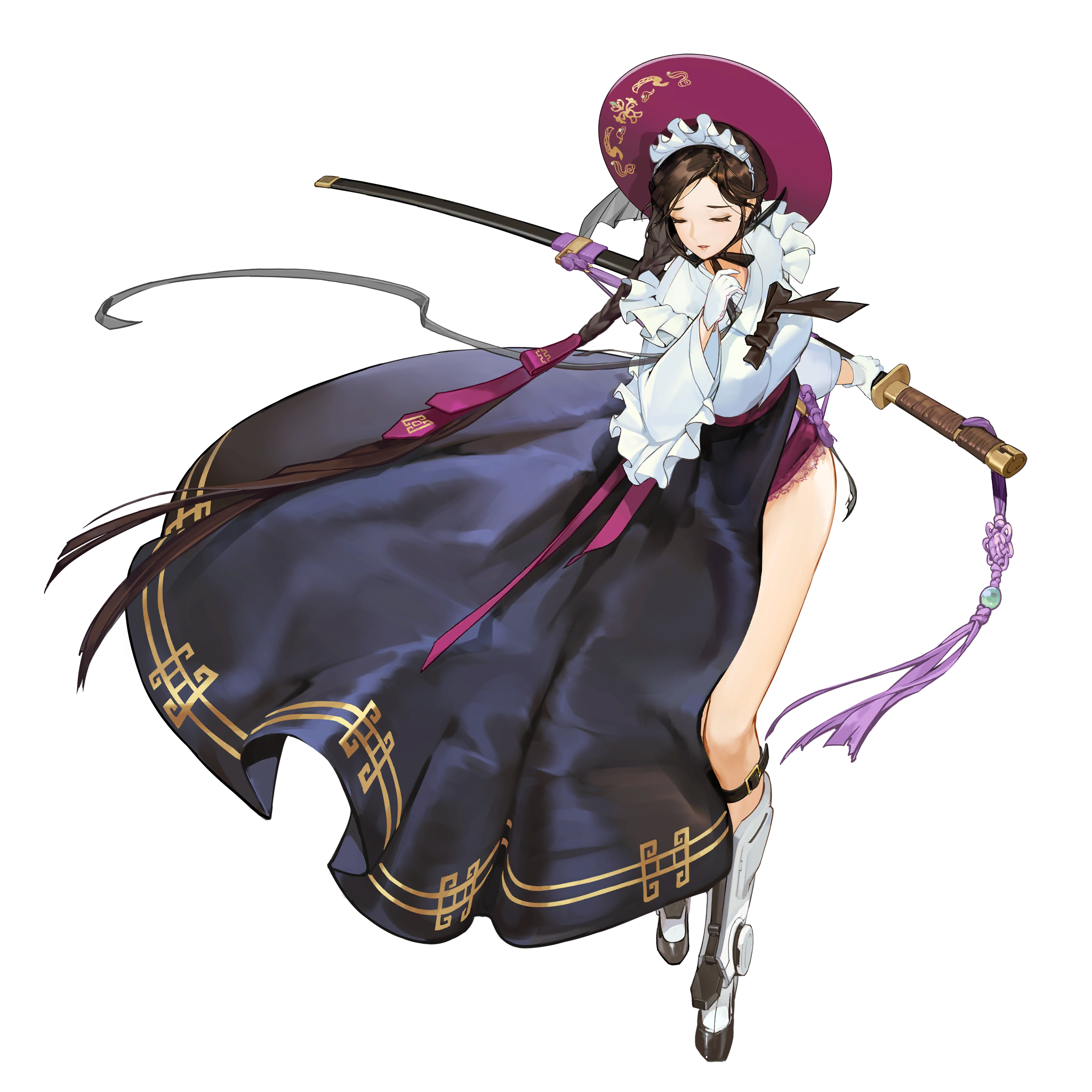 1girl black_hair boots braid closed_eyes closed_mouth female_focus full_body game_cg gat_(hat) hat highres keumran_(last_origin) last_origin long_hair maid maid_headdress official_art rorobomb side_slit single_braid solo sword tachi-e transparent_background very_long_hair weapon