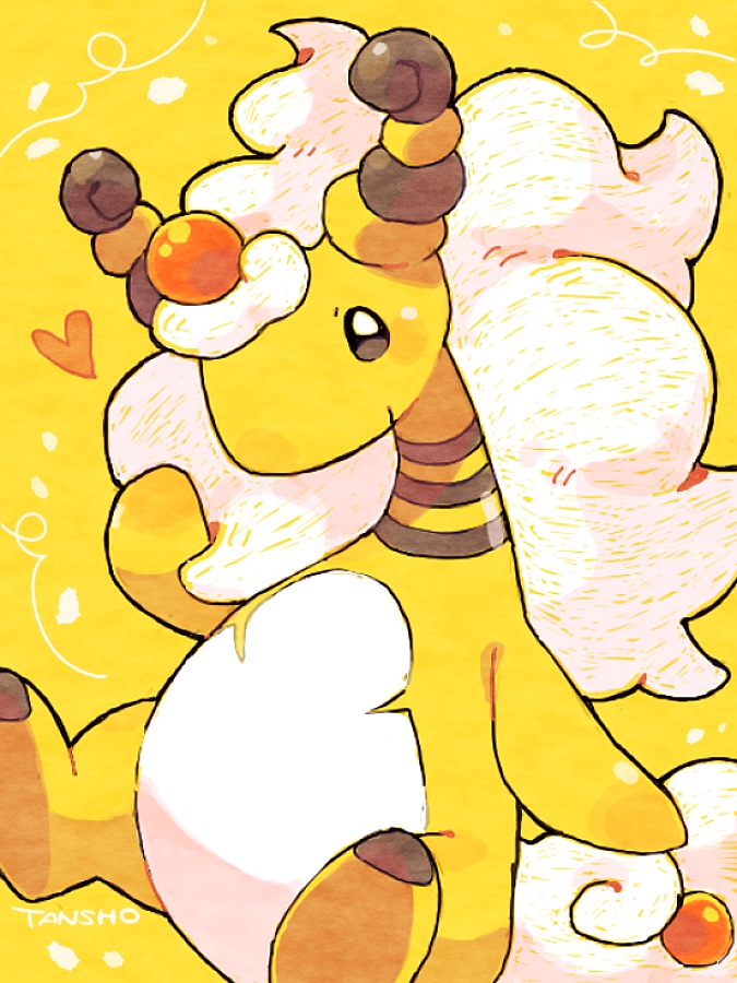 ampharos black_eyes blush gen_2_pokemon heart mega_ampharos mega_pokemon nintendo pokemon pokemon_(creature) simple_background smile solo tansho white_hair yellow_background