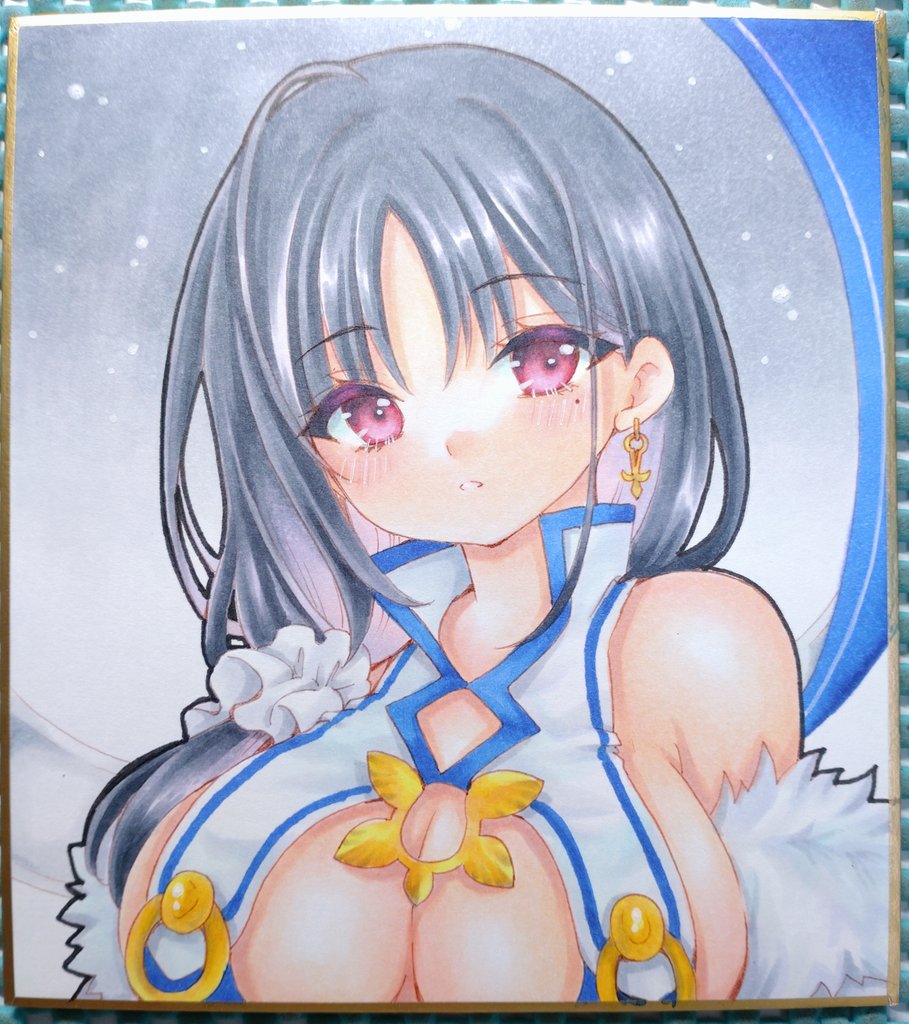 azur_lane bare_shoulders black_hair breasts earrings frilled_ribbon frills hair_ribbon jewelry large_breasts light_blush looking_at_viewer low_side_ponytail marker_(medium) medium_hair mole mole_under_eye parted_bangs parted_lips photo_(medium) pink_eyes ribbon satsuki_(gogotaru) ting_an_(azur_lane) traditional_media upper_body white_ribbon
