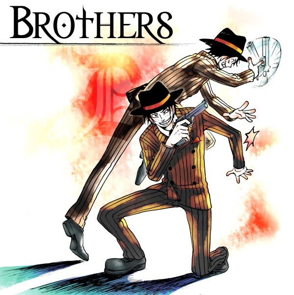 2boys bad_id bad_pixiv_id brothers family fedora formal_clothes futomaki gangster gun hat mafia male_focus monkey_d._luffy multiple_boys one_piece portgas_d._ace siblings suit weapon