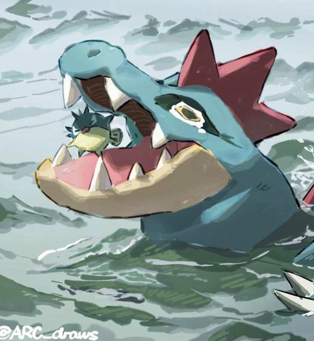 arc_draws claws closed_eyes day feraligatr gen_2_pokemon nintendo no_humans open_mouth outdoors photo-referenced pokemon pokemon_(creature) qwilfish teeth tongue twitter_username water yellow_eyes