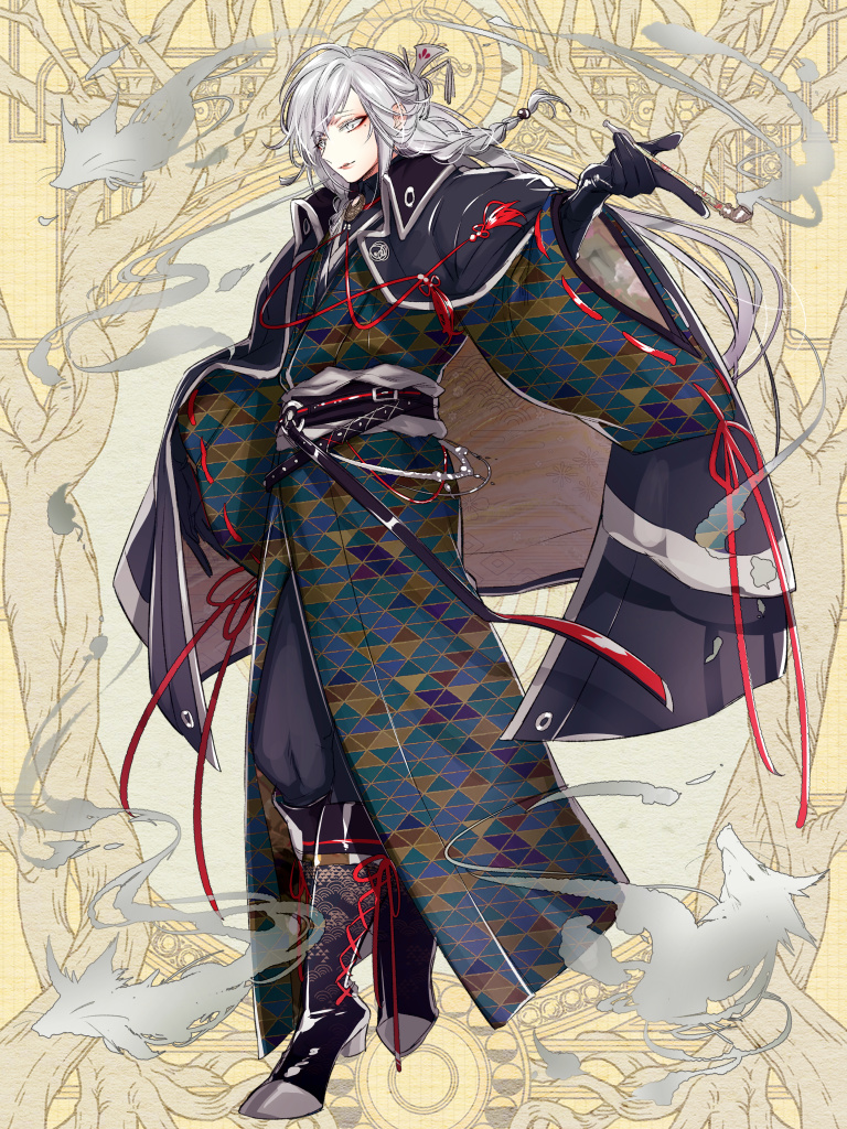 1boy aqua_kimono belt wallet_chain black_belt black_boots black_coat black_gloves black_pants black_sash black_shirt blue_kimono bolo_tie boots braid brown_kimono closed_mouth coat coat_on_shoulders collared_coat collared_shirt dairoku_ryouhei diagonal_bangs eyeliner fox full_body gloves grey_eyes grey_hair hair_ornament hair_stick high_heel_boots high_heels holding holding_smoking_pipe japanese_clothes kimono kiseru lace-up_boots long_hair looking_down makeup male_focus mole mole_under_eye morino_bambi multicolored_kimono obiage outstretched_arm pants parted_lips red_eyeliner red_lips red_ribbon ribbon ribbon-trimmed_sleeves ribbon_trim sash seigaiha shirt side_braid smile smoke smoking_pipe solo spirit standing tassel two-sided_coat two-sided_fabric unen_kanou uroko_(pattern) wide_sleeves yellow_background