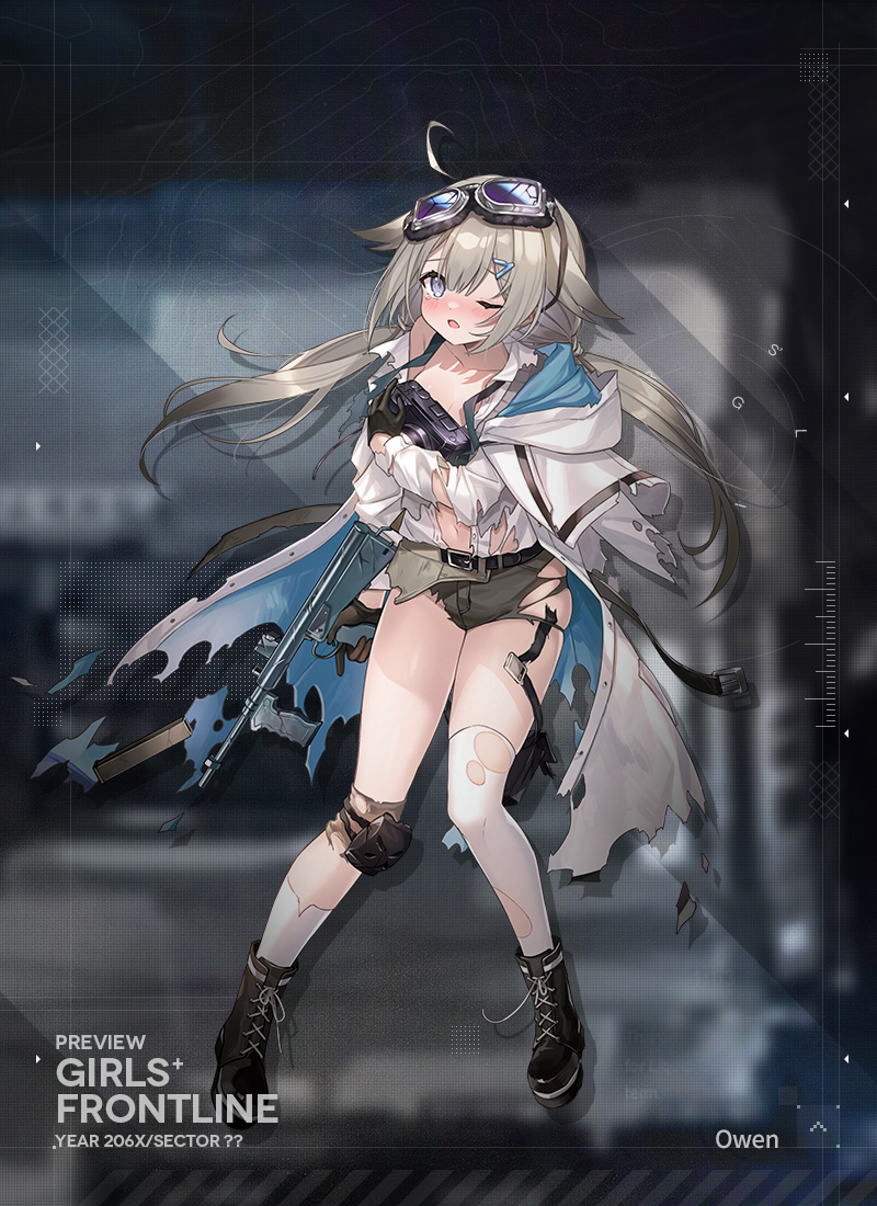 1girl ahoge asymmetrical_legwear belt belted_coat black_belt black_boots black_gloves blue_coat blue_eyes blue_necktie blush boots broken_goggles brown_shorts camera camera_around_neck character_name coat coat_on_shoulders collared_shirt commentary copyright_name double-parted_bangs emblem english_commentary full_body girls&#039;_frontline gloves goggles goggles_on_head grey_sweater_vest gun hair_ears hair_ornament hairclip holding holding_gun holding_weapon hood hood_down hooded_coat knee_pads kneehighs lace-up_boots light_brown_hair long_hair long_sleeves looking_at_viewer low_twintails necktie official_alternate_costume official_art one_eye_closed open_clothes open_coat open_mouth owen_(girls&#039;_frontline) owen_gun pouch promotional_art saiki_komari second-party_source shirt shorts single_knee_pad single_kneehigh single_sock single_thighhigh socks solo standing sweater_vest thigh_pouch thighhighs torn_clothes torn_coat torn_shirt torn_shorts torn_socks torn_straps torn_thighhighs trigger_discipline twintails two-sided_coat two-sided_fabric very_long_hair weapon white_coat white_shirt white_socks white_thighhighs