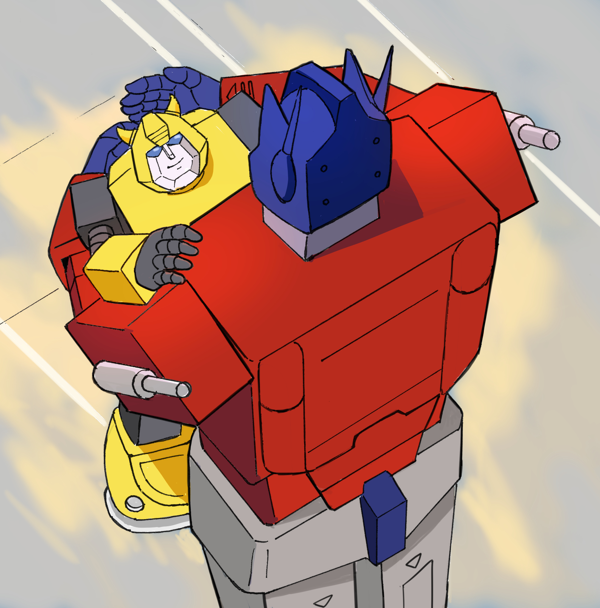autobot back blue_eyes bumblebee_(transformers) commentary_request cowboy_shot from_above height_difference highres horns hug komagoma looking_at_another mecha mecha_focus no_humans optimus_prime robot science_fiction smile transformers