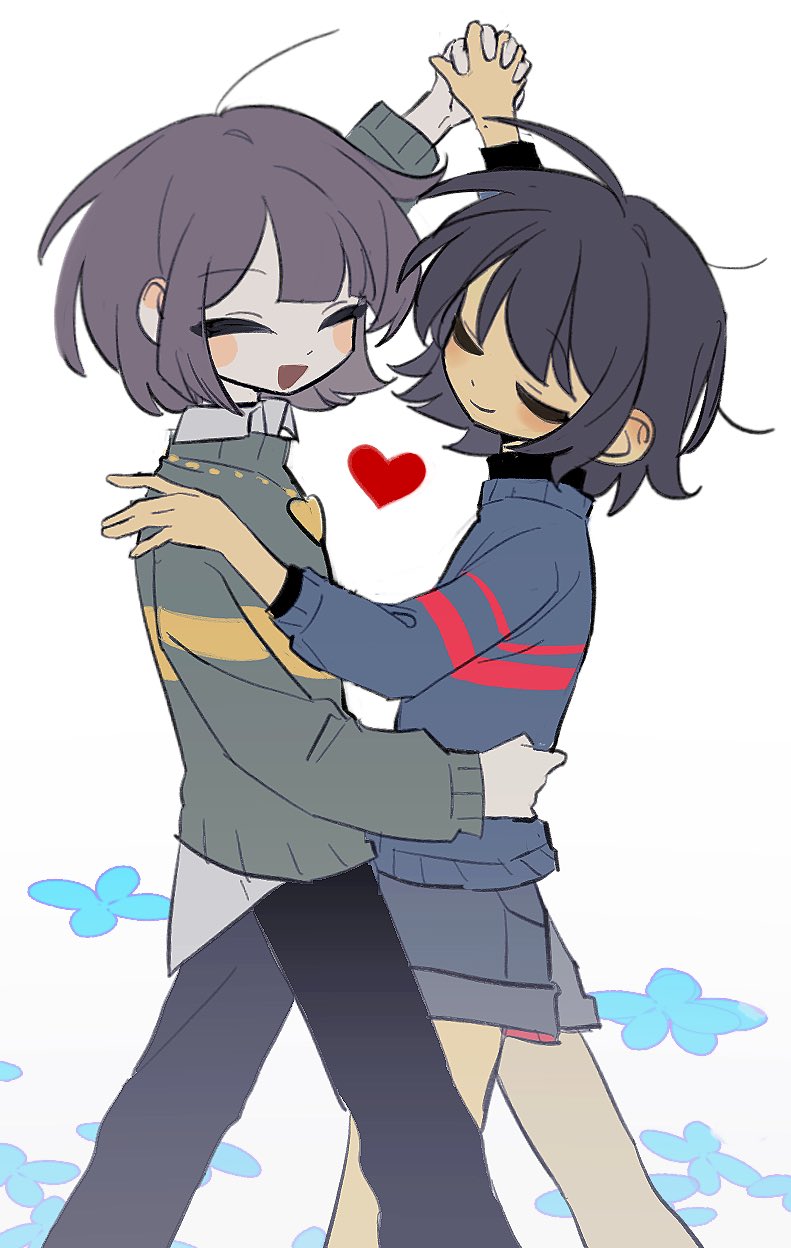 2others :d \||/ ^_^ ahoge black_hair black_pants blue_flower blue_shorts blue_sweater brown_hair chara_(undertale) closed_eyes closed_mouth collared_shirt commentary dancing denim denim_shorts english_commentary feet_out_of_frame flower frisk_(undertale) green_sweater hand_on_another&#039;s_shoulder hand_on_another&#039;s_waist heart heart_necklace highres holding_hands interlocked_fingers jewelry layered_sleeves long_sleeves multiple_others necklace nuobeiyhengaoxingrenshini open_mouth other_focus other_with_other pants pink_sweater puffy_long_sleeves puffy_sleeves shirt short_hair shorts simple_background smile standing striped_clothes striped_sweater sweater two-tone_sweater u_u undertale white_background yellow_sweater