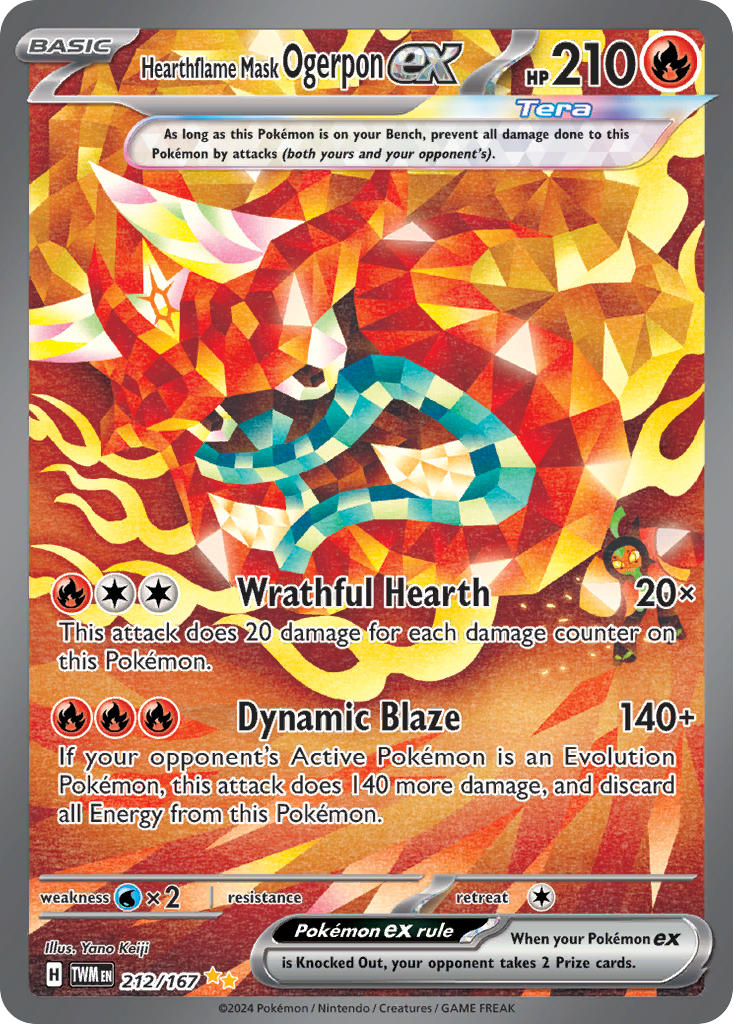 artist_name card_(medium) character_name company_name copyright_name copyright_notice embers english_text keiji_yano mask nintendo official_art ogerpon ogerpon_(hearthflame_mask) pokemon pokemon_(creature) pokemon_card pokemon_focus pokemon_tcg solo terastallization third-party_source trading_card yellow_eyes