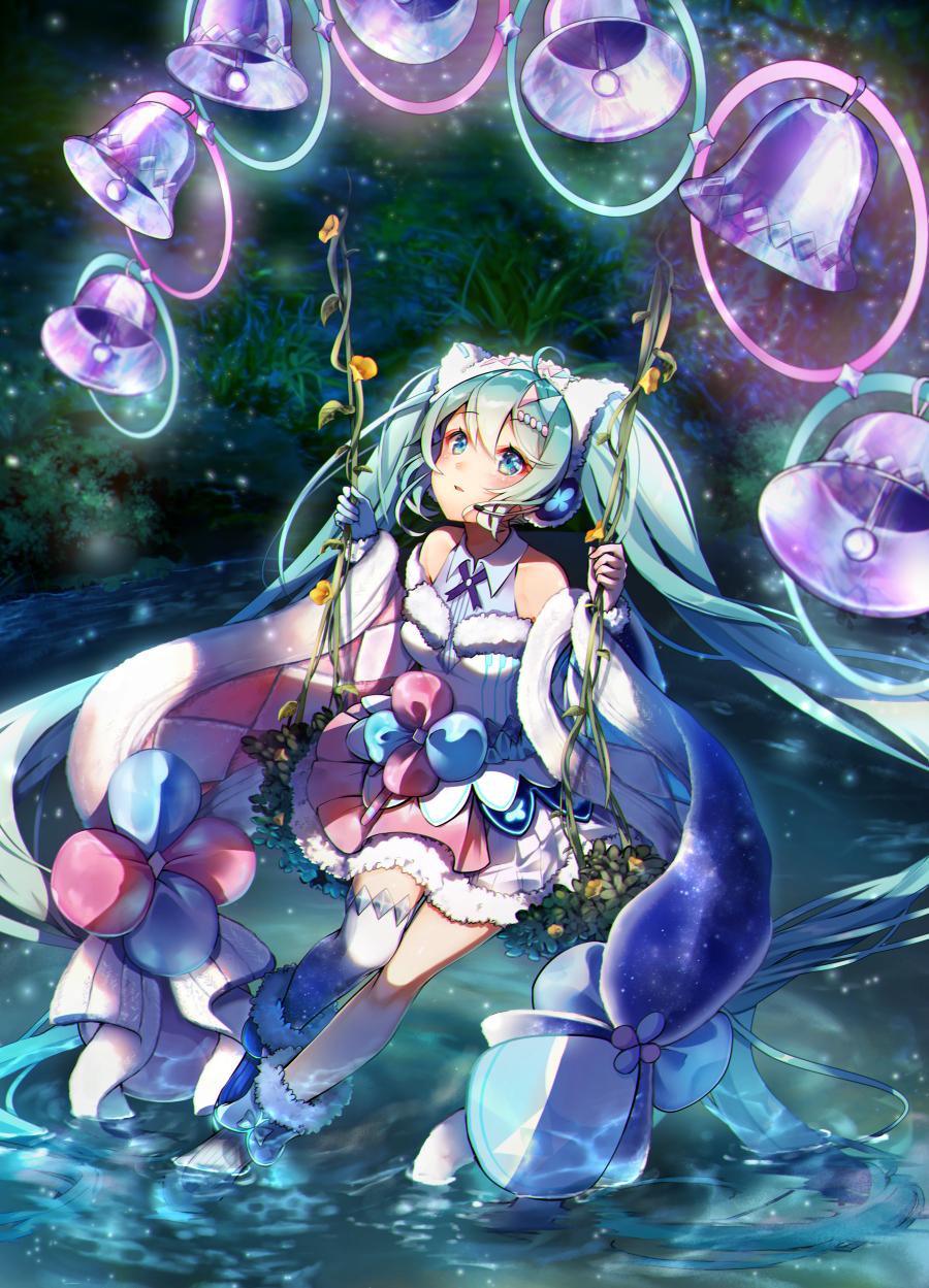 1girl absurdly_long_hair ahoge aqua_hair asymmetrical_footwear asymmetrical_gloves bell blue_boots blue_eyes blue_gloves boots dress fur-trimmed_boots fur-trimmed_dress fur_trim gloves gradient_thighhighs hair_between_eyes hair_ornament hatsune_miku headphones highres holding kyashii_(a3yu9mi) long_hair long_sleeves looking_up magical_mirai_(vocaloid) magical_mirai_miku magical_mirai_miku_(2020_winter) mismatched_footwear mismatched_gloves on_swing open_mouth pink_gloves single_thighhigh solo swing thighhighs twintails very_long_hair vocaloid water white_boots white_thighhighs wide_sleeves