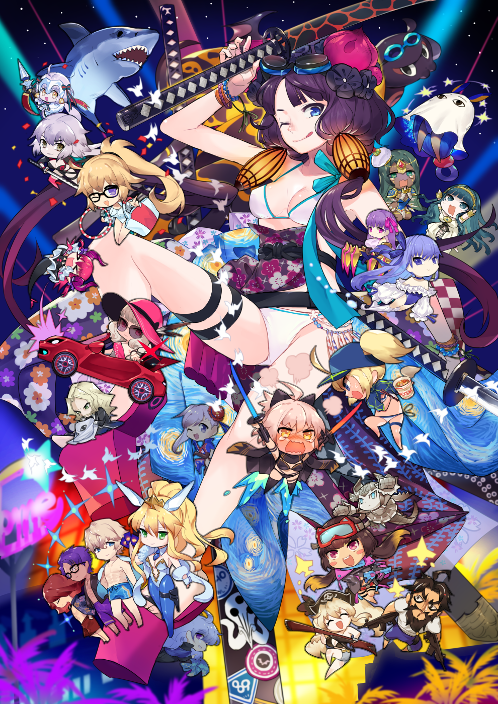 6+boys 6+girls ahoge animal_ears anne_bonny_(fate) anne_bonny_(fate/grand_order) anne_bonny_(swimsuit_archer)_(fate) anne_bonny_(swimsuit_archer)_(first_ascension)_(fate) artoria_pendragon_(fate) artoria_pendragon_(swimsuit_ruler)_(fate) artoria_pendragon_(swimsuit_ruler)_(first_ascension)_(fate) baseball_cap bikini blue_male_swimwear blue_swim_trunks car card carmilla_(fate) carmilla_(swimsuit_rider)_(fate) carmilla_(swimsuit_rider)_(first_ascension)_(fate) chibi chopsticks cleopatra_(fate) cleopatra_(third_ascension)_(fate) convertible dark_skin dual_wielding edward_teach_(fate) edward_teach_(final_ascension)_(fate) elizabeth_bathory_(fate) elizabeth_bathory_(fate/extra) elizabeth_bathory_(first_ascension)_(fate) fake_animal_ears fate/grand_order fate_(series) gawain_(fate) gawain_(scion_of_summer)_(fate) goggles goggles_on_head gun hat highres holding hoop hula_hoop jeanne_d&#039;arc_(fate) jeanne_d&#039;arc_(ruler)_(fate) jeanne_d&#039;arc_(swimsuit_archer)_(fate) jeanne_d&#039;arc_(swimsuit_archer)_(second_ascension)_(fate) jeanne_d&#039;arc_alter_(fate) jeanne_d&#039;arc_alter_(swimsuit_berserker)_(fate) jeanne_d&#039;arc_alter_santa_lily_(fate) katana katsushika_hokusai_(fate) katsushika_hokusai_(swimsuit_saber)_(fate) lancelot_(fate/grand_order) lancelot_(strongest_knight_of_summer)_(fate) leotard male_swimwear mecha_eli-chan_mk.ii_(fate) meltryllis meltryllis_(fate) meltryllis_(swimsuit_lancer)_(fate) meltryllis_(swimsuit_lancer)_(second_ascension)_(fate) merlin_(fate) miyamoto_musashi_(fate) miyamoto_musashi_(fate/grand_order) miyamoto_musashi_(swimsuit_berserker)_(fate) miyamoto_musashi_(swimsuit_berserker)_(second_ascension)_(fate) motor_vehicle multiple_boys multiple_girls mysterious_heroine_x_(fate) mysterious_heroine_xx_(fate) nissin_cup_noodle nitocris_(fate) nitocris_(fate/grand_order) nitocris_(swimsuit_assassin)_(fate) nora_(norabox) official_alternate_costume okita_j._souji_(fate) okita_j._souji_(first_ascension)_(fate) okita_souji_(fate) okita_souji_(koha-ace) one_eye_closed osakabehime_(fate) osakabehime_(swimsuit_archer)_(fate) osakabehime_(swimsuit_archer)_(first_ascension)_(fate) pantyhose passionlip_(fate) playboy_bunny ponytail purple_male_swimwear purple_swim_trunks rabbit_ears red_male_swimwear red_swim_trunks scheherazade_(fate) shark shrug_(clothing) sun_hat sunglasses swim_trunks swimsuit sword tears tokitarou_(fate) tongue tongue_out tristan_(chicken_of_luluhawa)_(fate) tristan_(fate) vlad_iii_(fate/apocrypha) weapon
