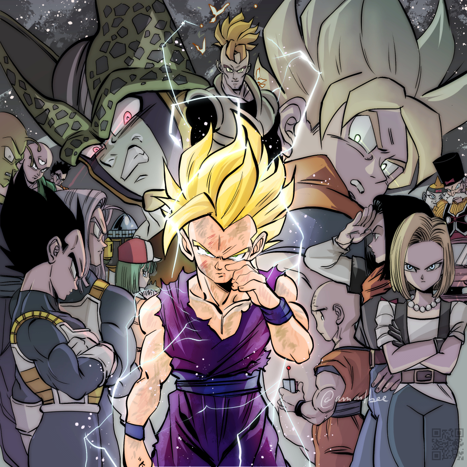 amartbee android_16 android_17 android_18 blonde_hair bulma cell_(dragon_ball) dr._gero_(dragon_ball) dragon_ball dragonball_z kuririn multiple_boys perfect_cell son_gohan son_goku super_saiyan super_saiyan_2 tenshinhan trunks_(dragon_ball) trunks_(future)_(dragon_ball) vegeta yamcha